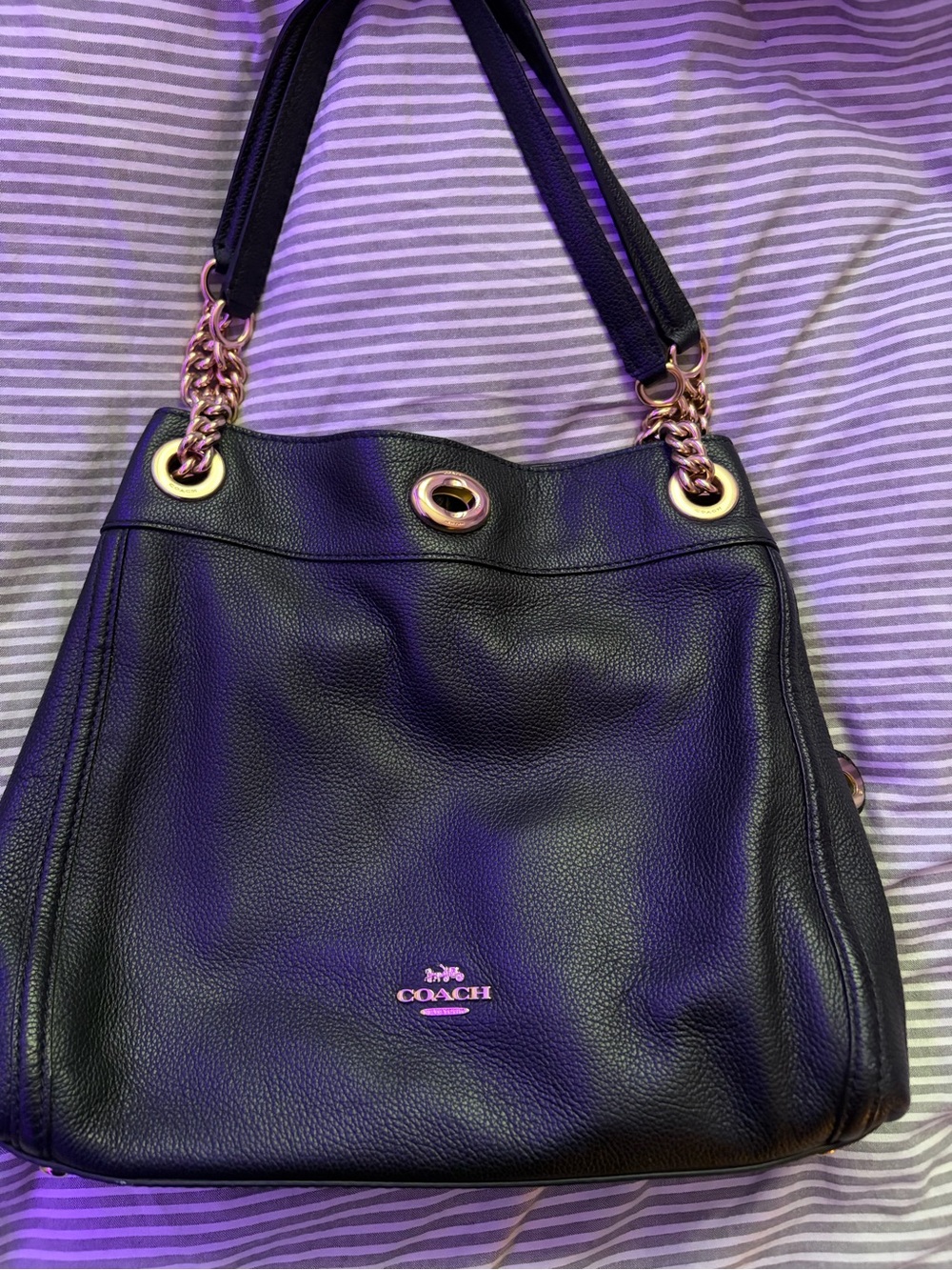 Coach Black Leather Tote with Gold-Tone Chain Straps